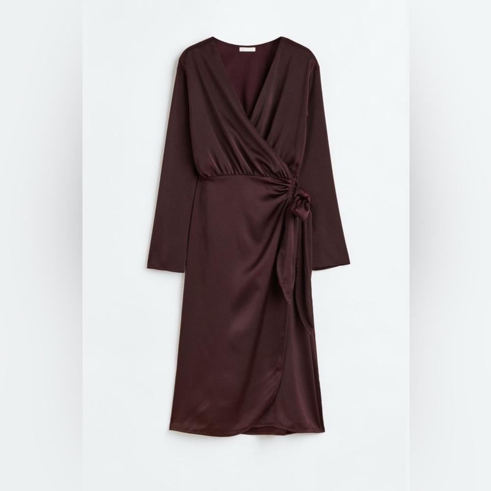 H&M SATIN WRAP-FRONT DRESS BURGUNDY / BROWN LONG SLEEVE